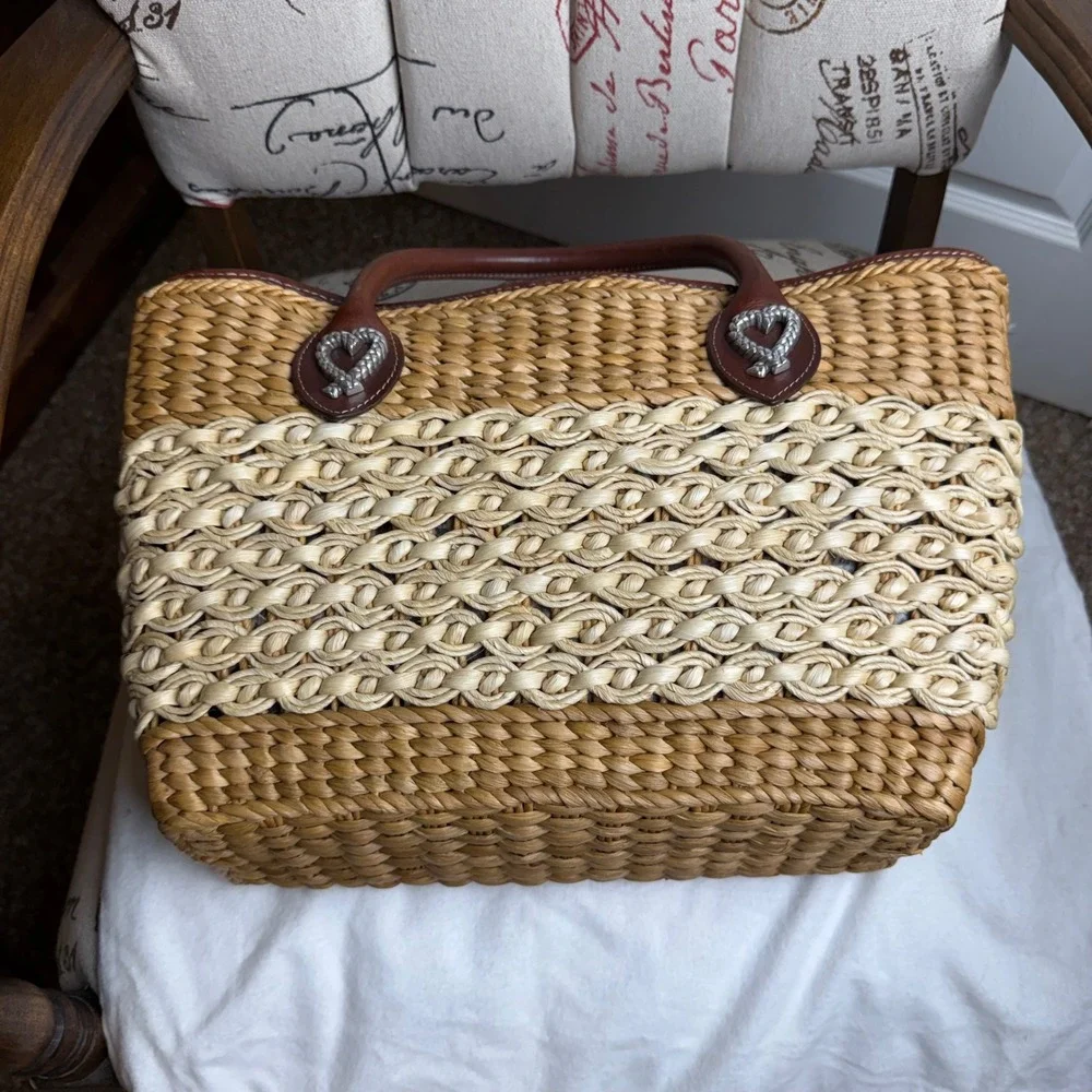 Brighton Straw Tote Bag Woven Heart Leather Trim Leopard Lining Brown Cream